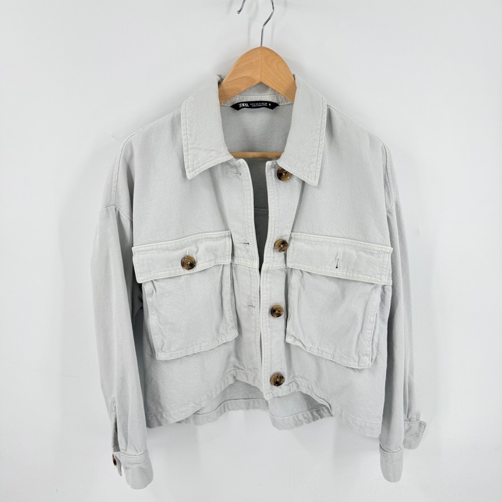 Zara Denim Jacket Light Gray Medium Cropped Utility Button Front‎ Shacket - Picture 6 of 6